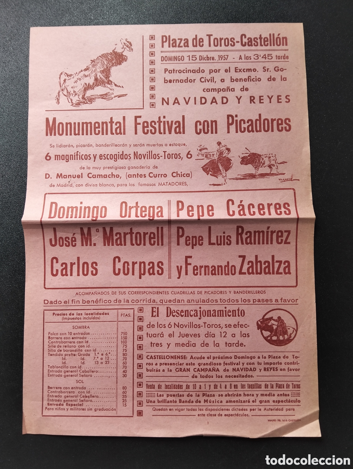 Carteles toros: CARTEL PLAZA DE TOROS CASTELLON 15 DICIEMBRE 1957 DOMINGO ORTEGA MARTORELL CORPAS ZABALZA PEPE LUIS