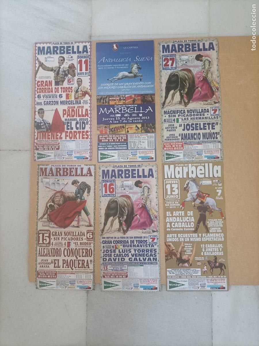 Carteles toros: CARTEL TOROS. LOTE DE 6 DE LAS CORRIDAS DE MARBELLA EN JUNIO, AGOSTO, SEPTIEMBRE 2013 ABR&Iacute;L 2014