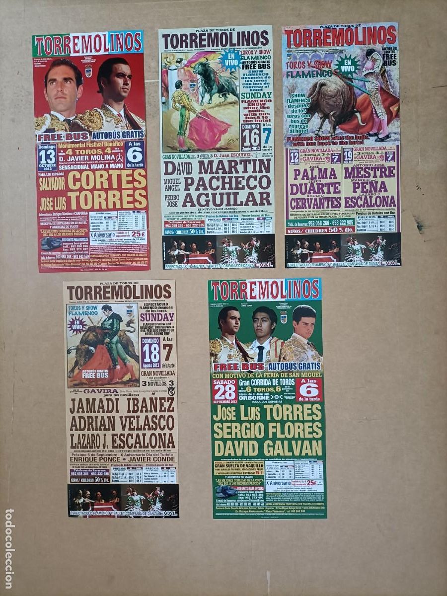 Carteles toros: CARTEL TOROS. LOTE DE 5 DE LAS CORRIDAS DE TORREMOLINOS MAYO JUNIO AGOSTO SEPTIEMBRE OCTUBRE 2013