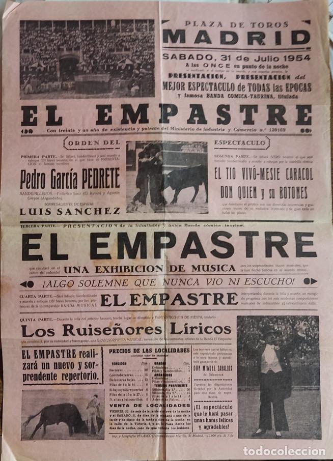 Carteles toros: CARTEL DE TOROS MADRID 31-7-1954 EL EMPASTRE