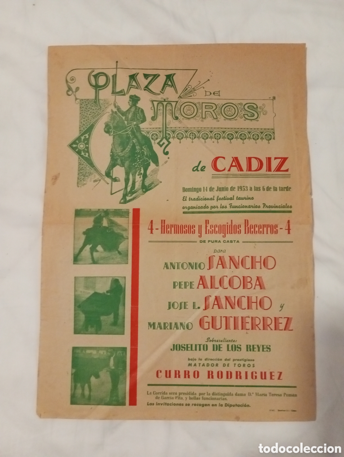 Carteles toros: Cartel plaza de toros de C&aacute;diz Sancho,Alcoba y M Gutierrez a&ntilde;o 1953