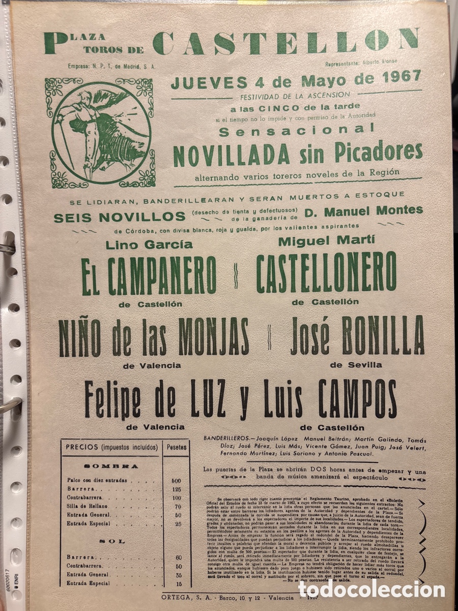Carteles toros: Felipe de Luz, hijo del cirujano de la plaza de toros de Valencia. Cartel de Castell&oacute;n, 4 mayo 1967