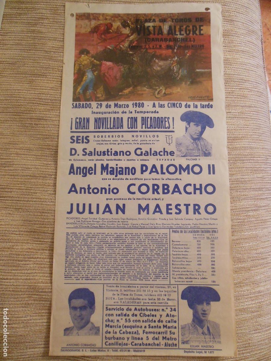 Carteles toros: 1980 CARTEL DE TOROS MADRID - PALOMO CORBACHO JULIAN MAESTRO