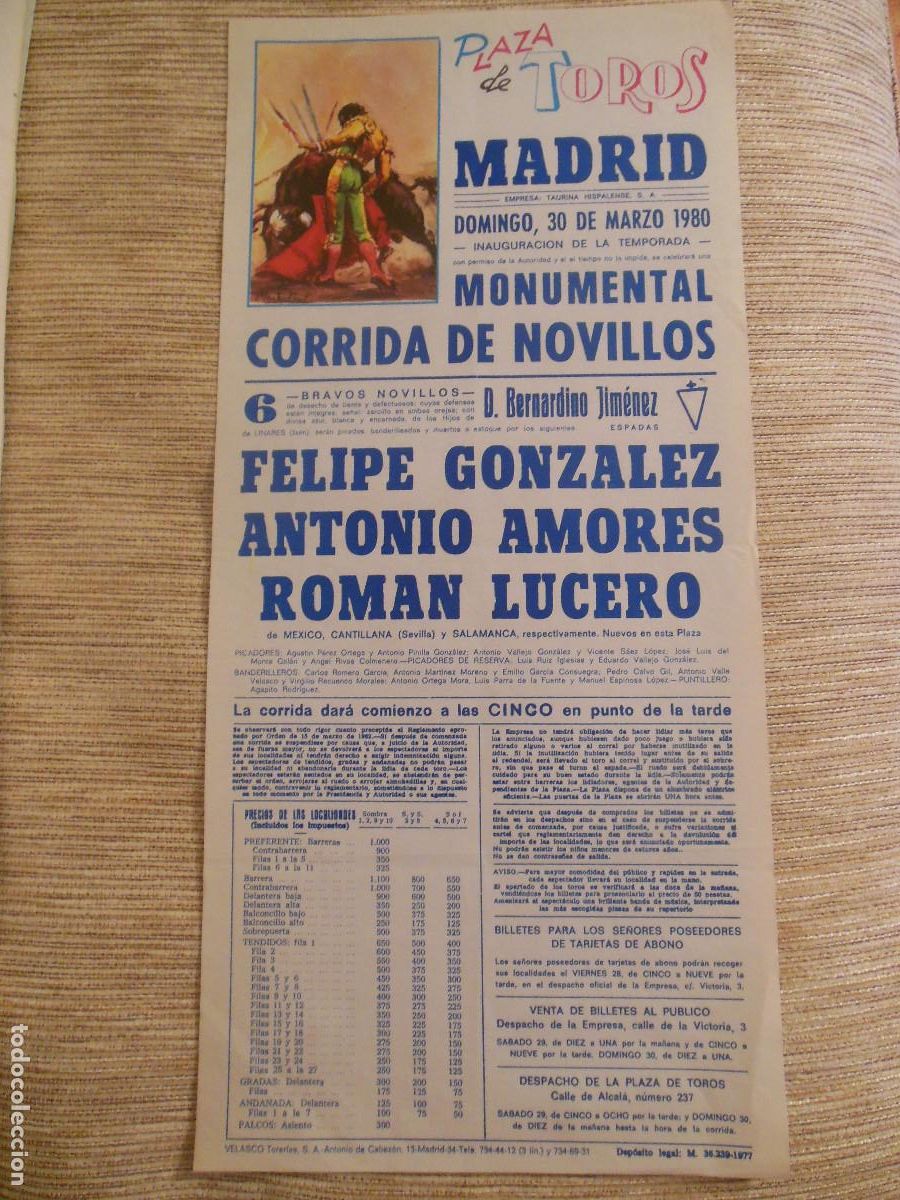 Carteles toros: 1980 CARTEL DE TOROS MADRID - FELIPE GONZALEZ ANTONIO AMORES ROMAN LUCERO