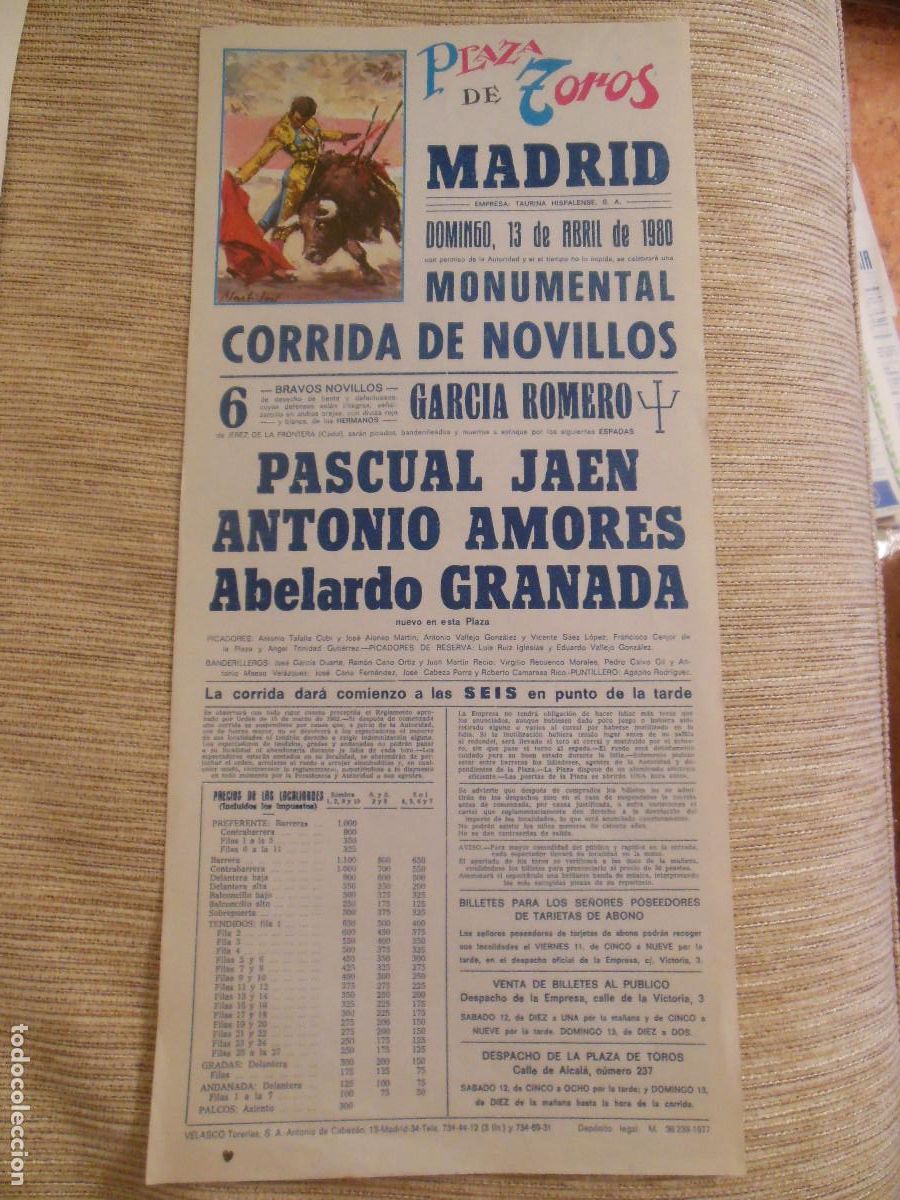 Carteles toros: 1980 CARTEL DE TOROS MADRID - PASCUAL JAEN ANTONIO AMORES ABELARDO GRANADA - DE GARCIA ROMERO