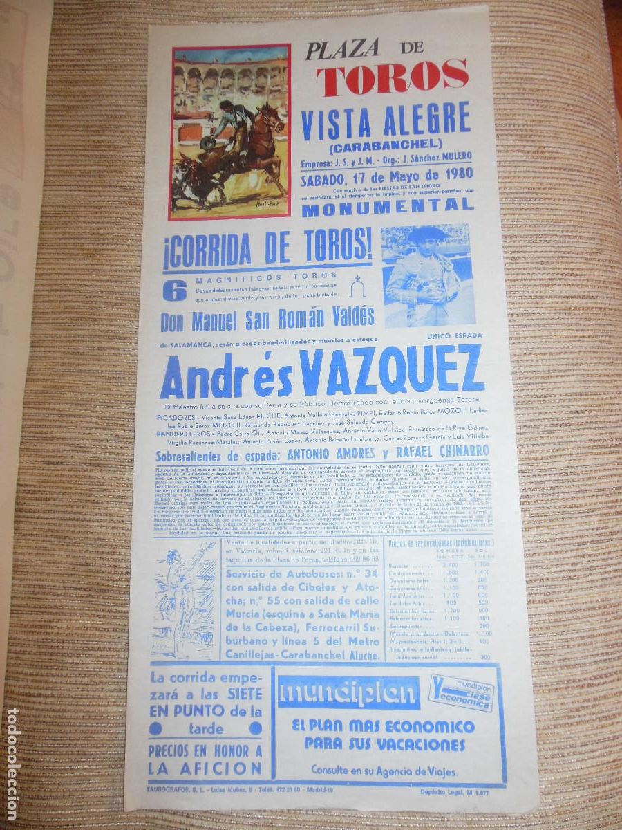 Carteles toros: 1980 CARTEL DE TOROS MADRID - ANDRES VAZQUEZ - DE MANUEL SAN ROMAN VALDES