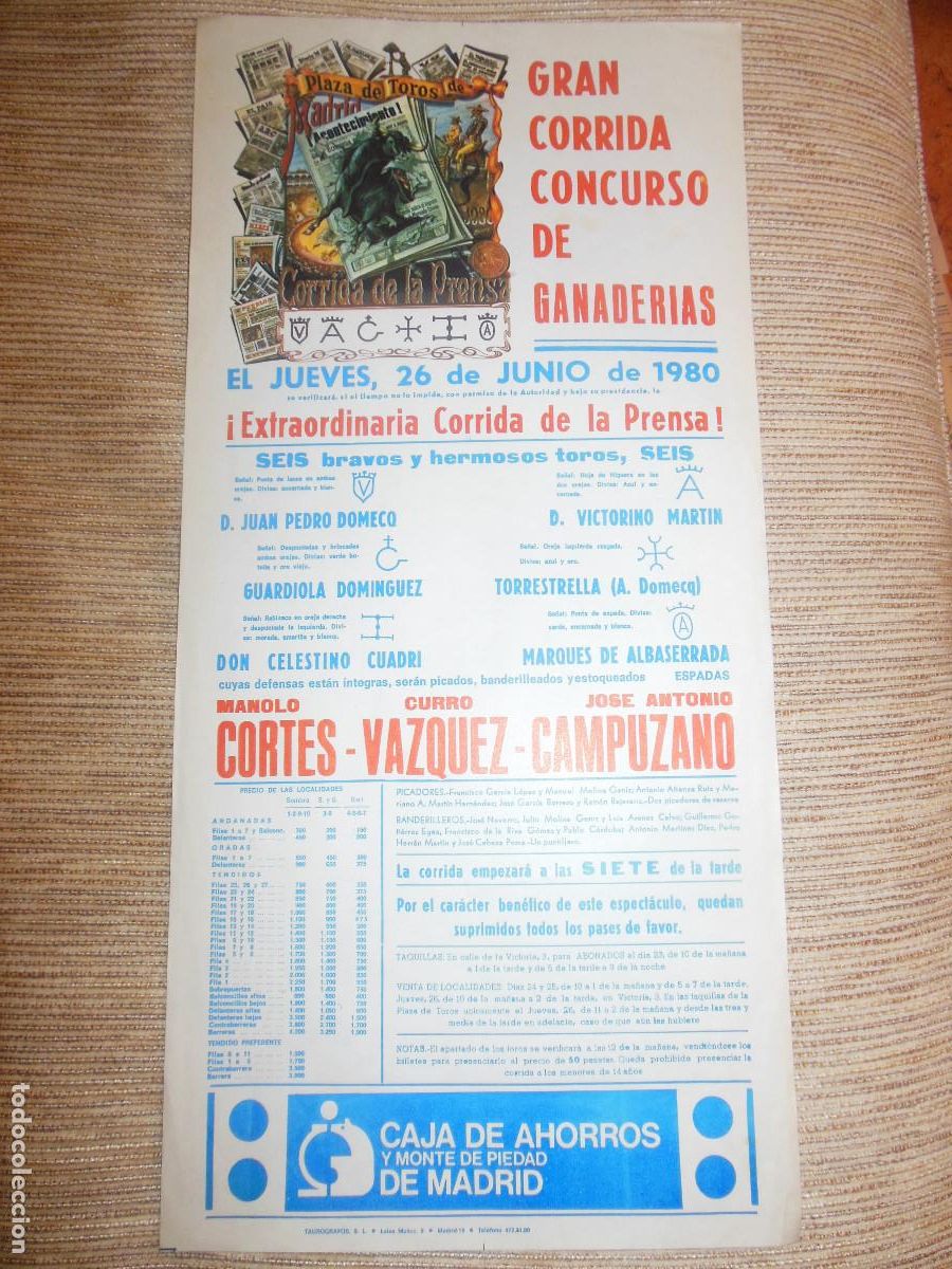 Carteles toros: 1980 CARTEL DE TOROS MADRID - GANADERIA VICTORINO MARTIN DOMECQ - MANOLO CORTES VAZQUEZ CAMPUZANO