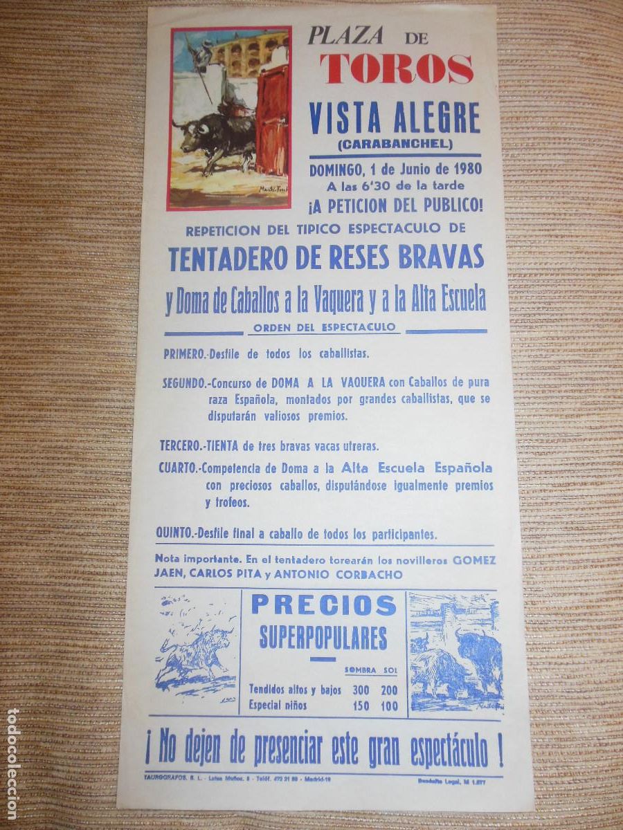 Carteles toros: 1980 CARTEL DE TOROS MADRID - RESES BRAVAS Y DOMA DE CABALLOS GOMEZ JAEN CARLOS PITA CORBACHO