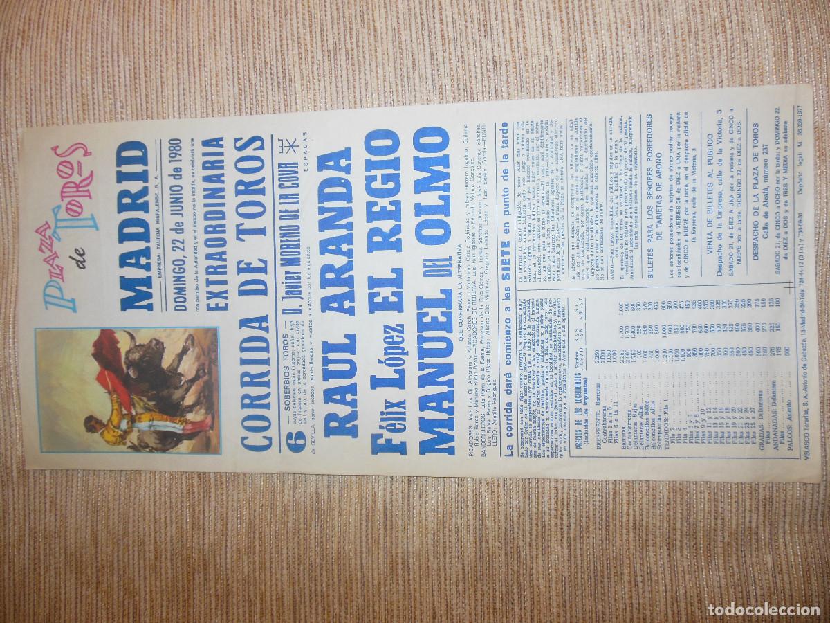 Carteles toros: 1980 CARTEL DE TOROS MADRID - RAUL ARANDA EL REGIO MANUEL DEL OLMO - DE JAVIER MORENO DE LA COVA