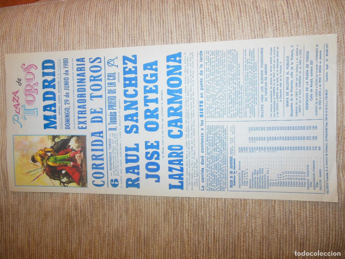 Carteles toros: 1980 CARTEL DE TOROS MADRID - RAUL SANCHEZ JOSE ORTEGA LAZARO CARMONA - DE PRIETO DE LA CAL