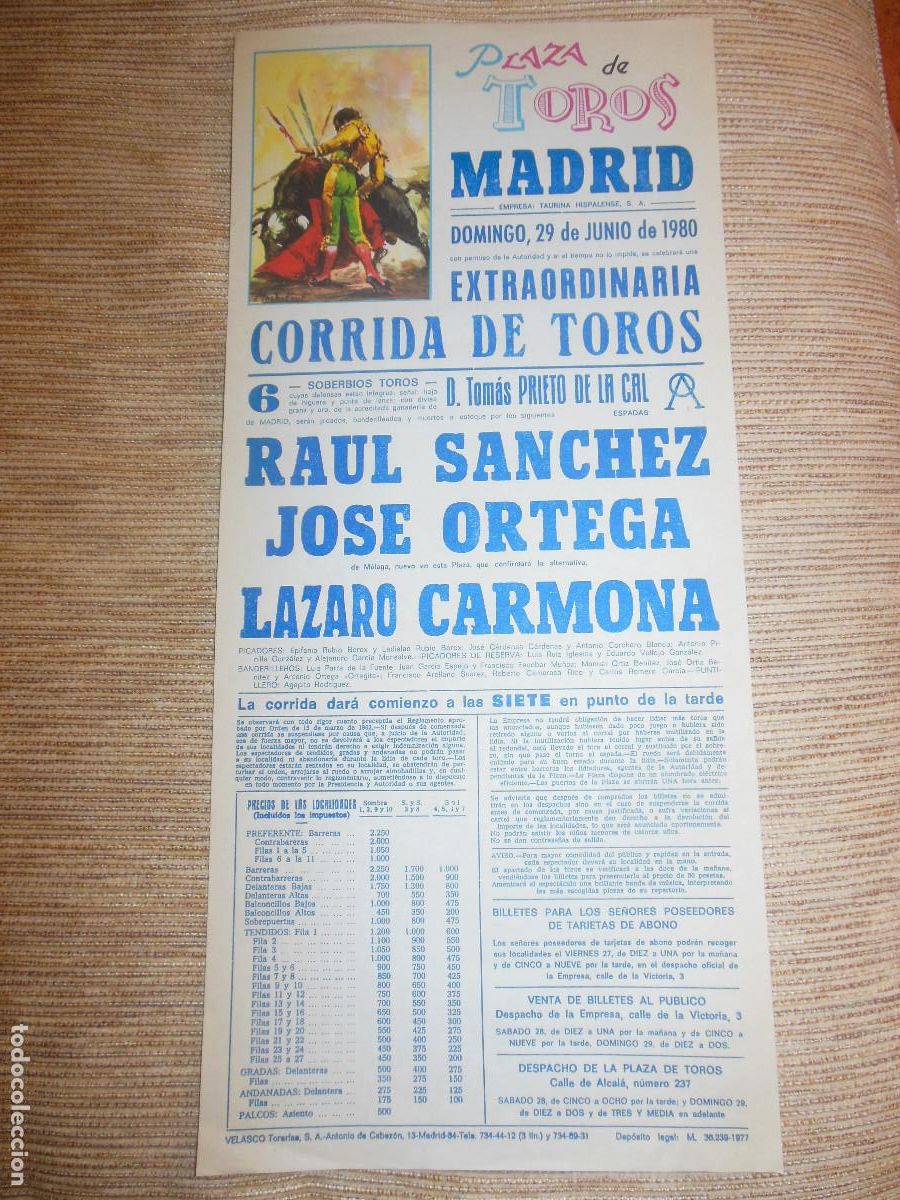Carteles toros: 1980 CARTEL DE TOROS MADRID - RAUL SANCHEZ JOSE ORTEGA LAZARO CARMONA - DE PRIETO DE LA CAL