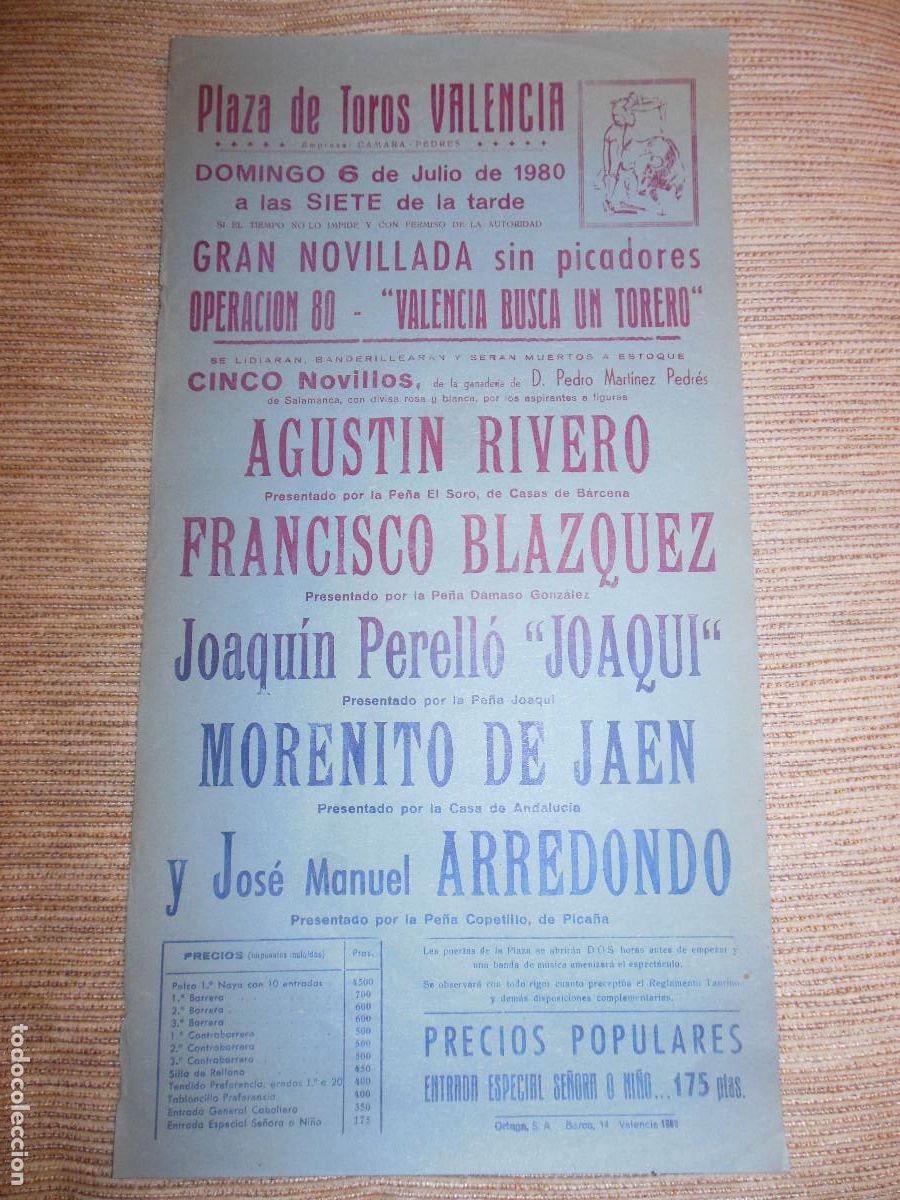Carteles toros: 1980 CARTEL DE TOROS VALENCIA BUSCA UN TORERO - RIVERO BLAZQUEZ JOAQUI MORENITO DE JAEN ARREDONDO