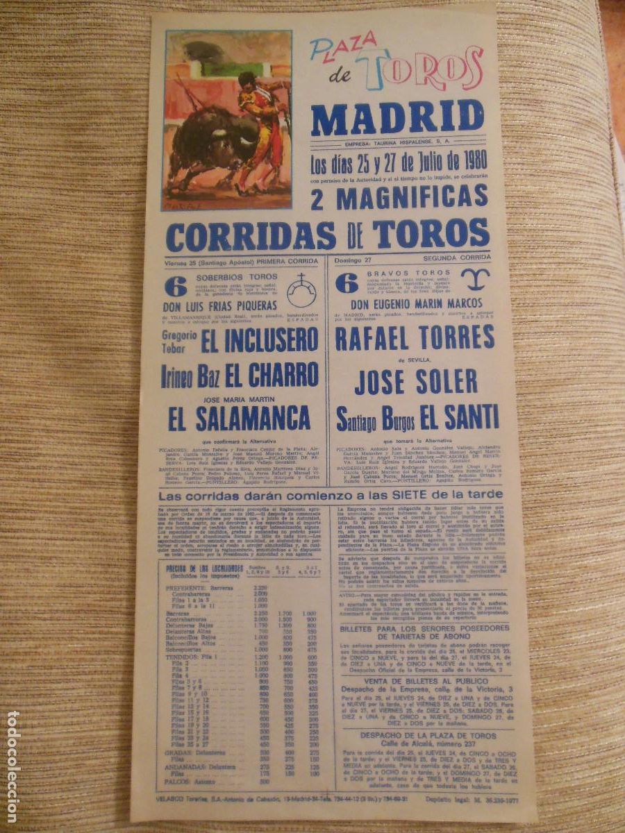 Carteles toros: 1980 CARTEL DE TOROS MADRID - INCLUSERO EL CHARRO EL SALAMANCA RAFAEL TORRES SOLER EL SANTI