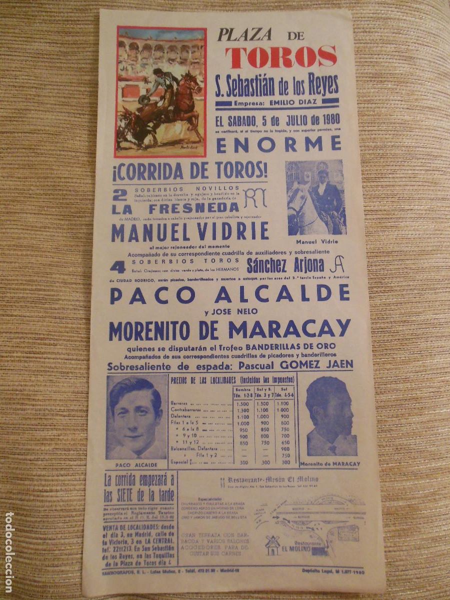 Carteles toros: 1980 CARTEL DE TOROS SAN SEBASTIAN DE LOS REYES - PACO ALCALDE MORENITO DE MARACAY MANUEL VIDRIE