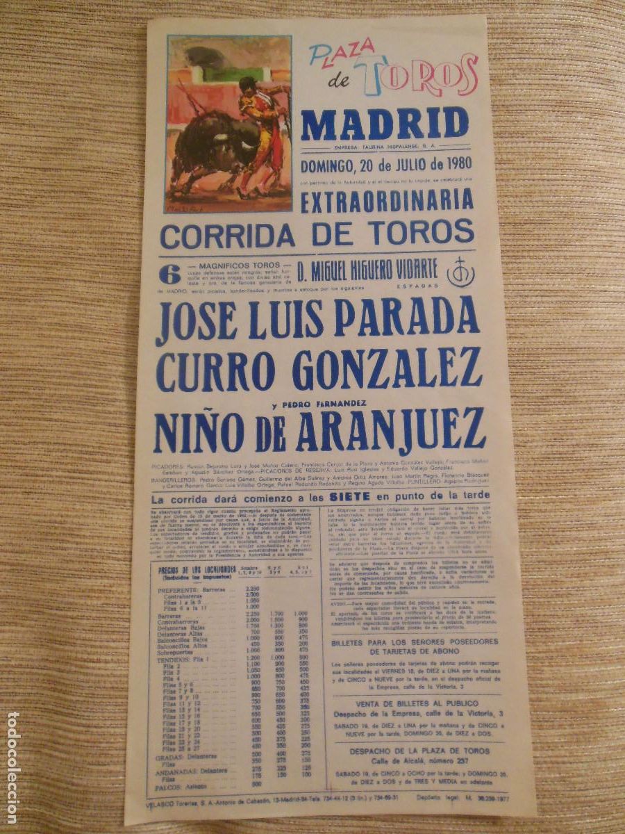 Carteles toros: 1980 CARTEL DE TOROS MADRID - JOSE LUS PARADA CURRO GONZALEZ NI&Ntilde;O DE ARANJUEZ - DE HIGUERO VIDARTE