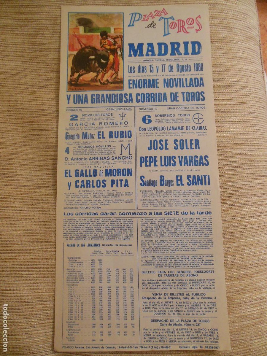 Carteles toros: 1980 CARTEL DE TOROS MADRID - EL RUBIO EL GALLO DE MORON CARLOS PITA JOSE SOLER PEPE LUIS VARGAS
