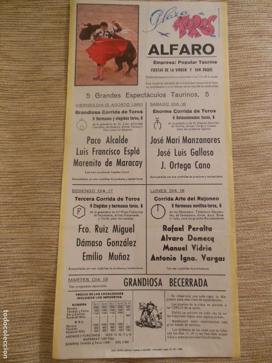 Carteles toros: 1980 CARTEL DE TOROS ALFARO LA RIOJA - ALCALDE ESPLA MARACAY MANZANARES GALLOSO ORTEGA CANO DOMECQ