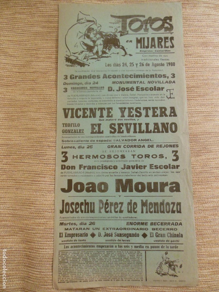 Carteles toros: 1980 CARTEL DE TOROS MIJARES AVILA - VICENTE YESTERA EL SEVILLANO JOAO MOURA PEREZ DE MENDOZA