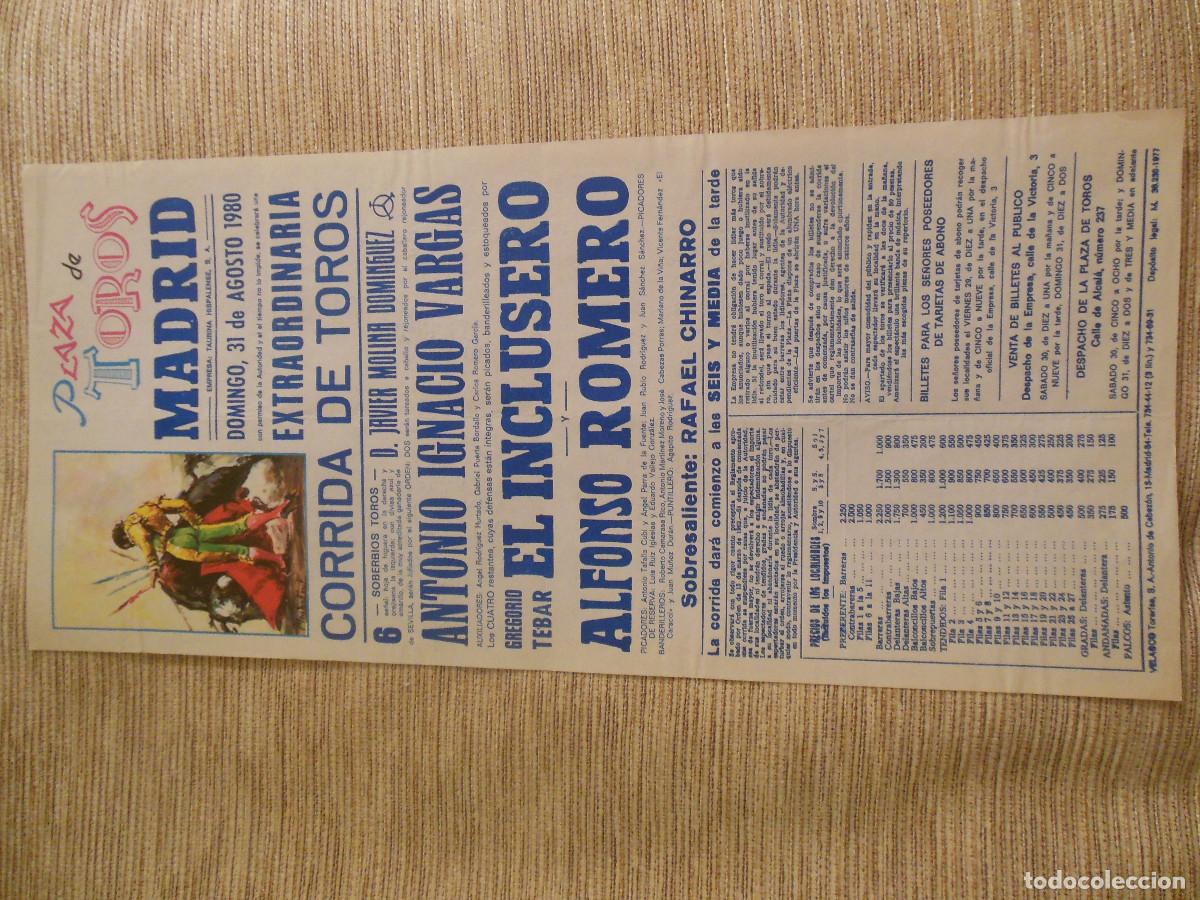 Carteles toros: 1980 CARTEL DE TOROS MADRID - GREGORIO TEBAR EL INCLUSERO ALFONSO ROMERO - DE MOLINA DOMINGUEZ