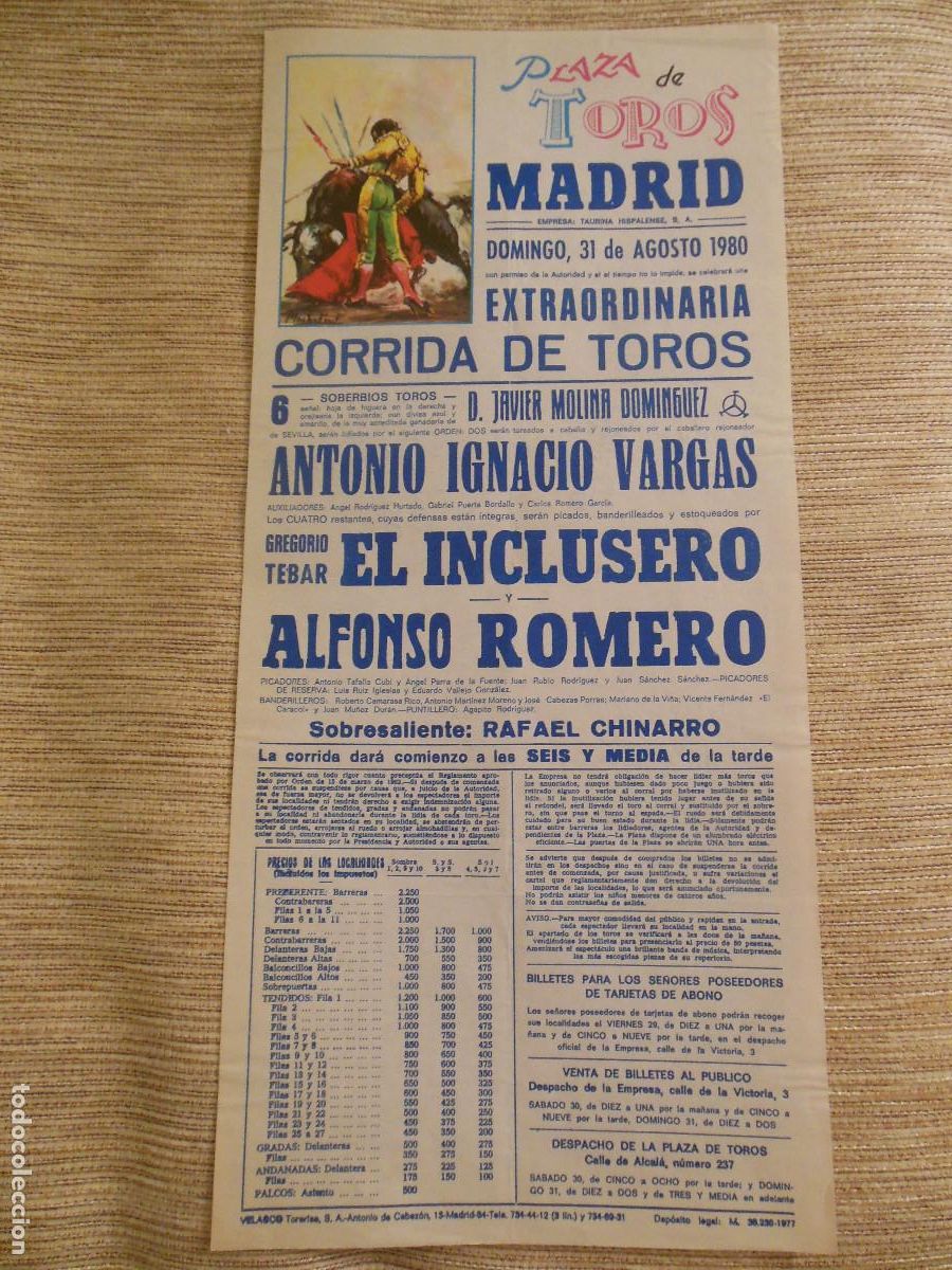 Carteles toros: 1980 CARTEL DE TOROS MADRID - GREGORIO TEBAR EL INCLUSERO ALFONSO ROMERO - DE MOLINA DOMINGUEZ