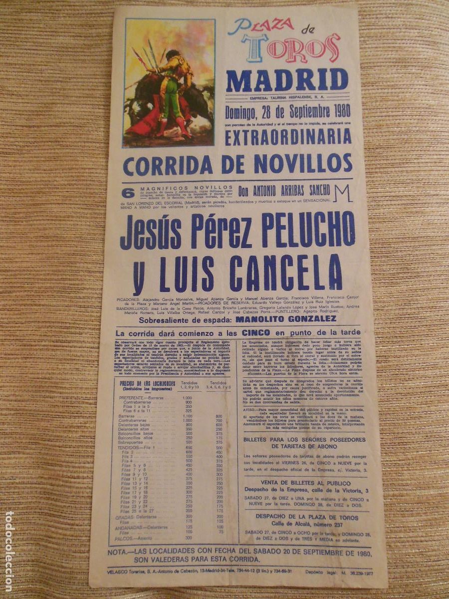 Carteles toros: 1980 CARTEL DE TOROS MADRID - JESUS PEREZ PELUCHO LUIS CANCELA - DE ANTONO ARRIBAS SANCHO