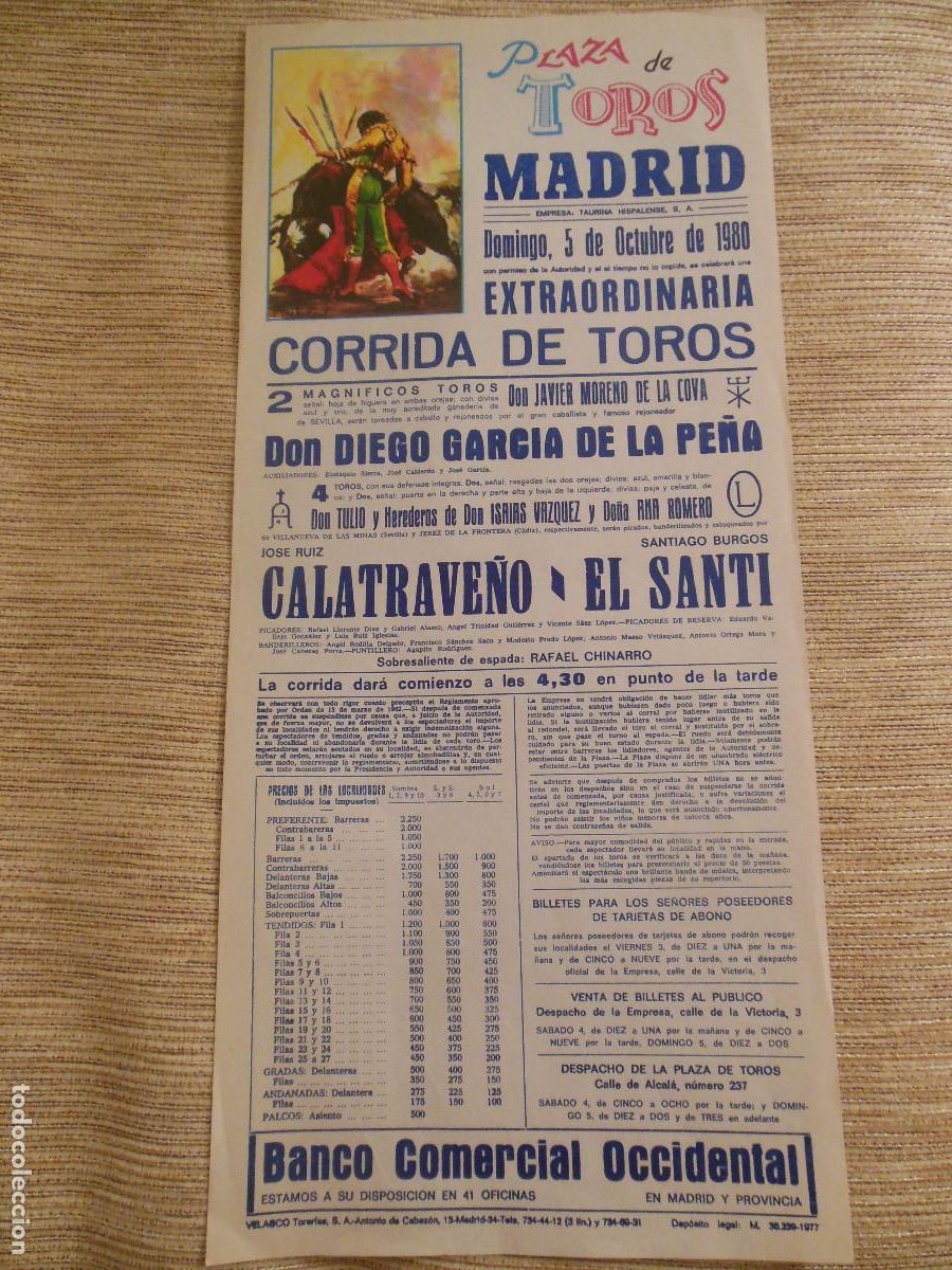 Carteles toros: 1980 CARTEL DE TOROS MADRID - CALATRAVE&Ntilde;O SANTIAGO BURGOS EL SANTI GARCIA PE&Ntilde;A DE MORENO DE LA COVA