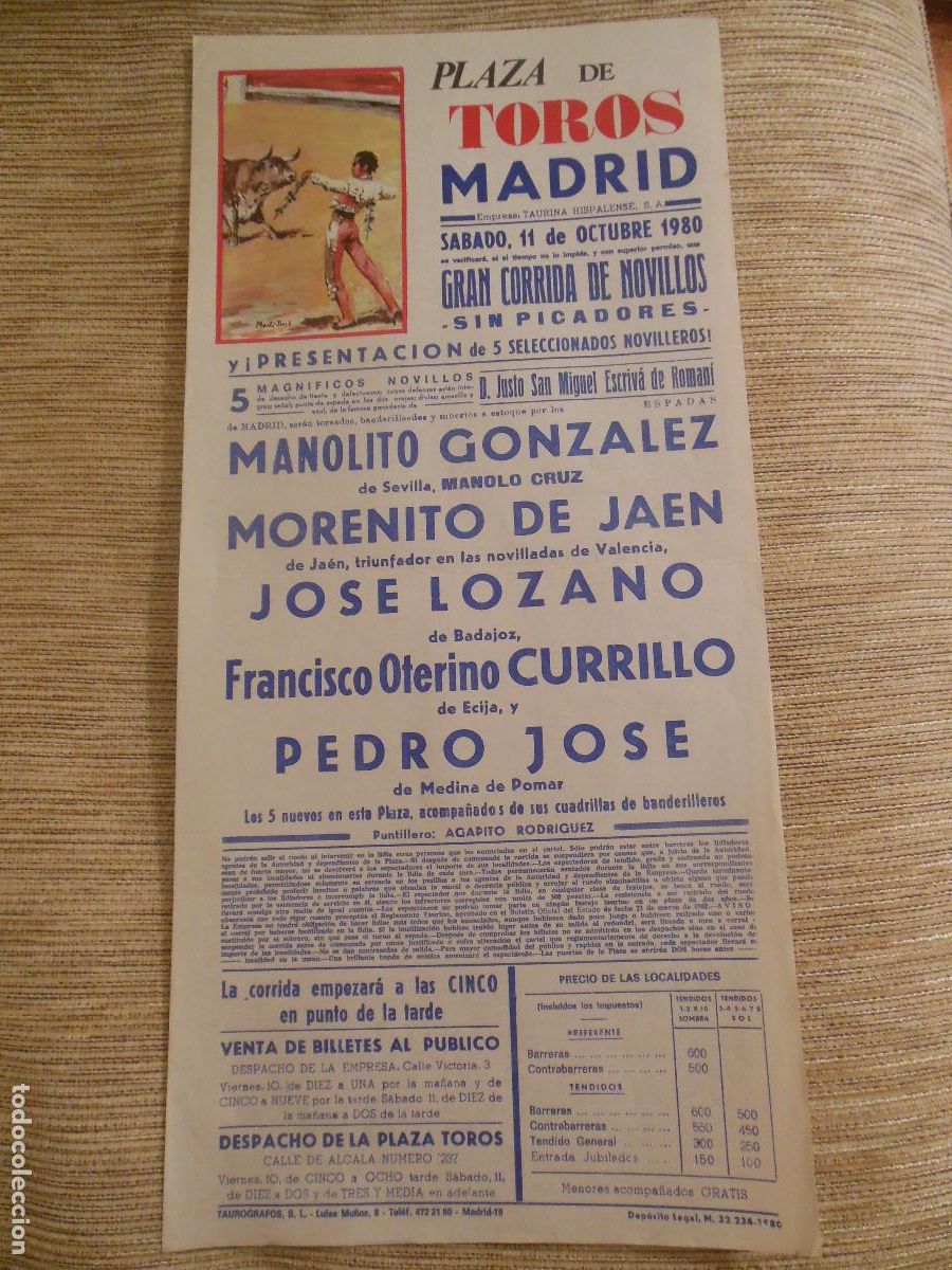 Carteles toros: 1980 CARTEL DE TOROS MADRID - MANOLITO GONZALEZ MORENITO DE JAEN JOSE LOZANO CURRILLO PEDRO JOSE