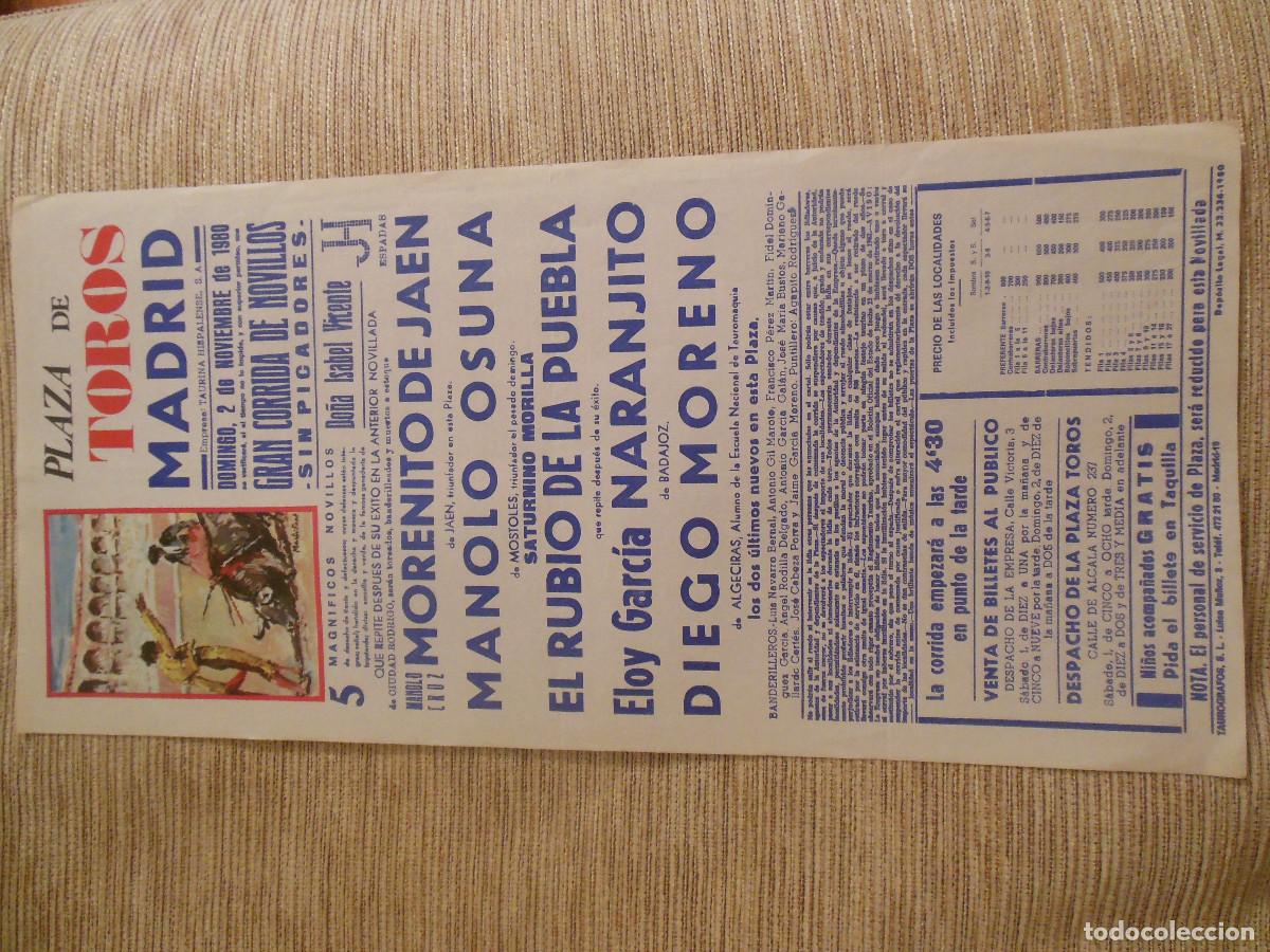Carteles toros: 1980 CARTEL DE TOROS MADRID - MORENITO JAEN MANOLO OSUNA RUBIO DE LA PUEBLA NARANJITO DIEGO MORENO