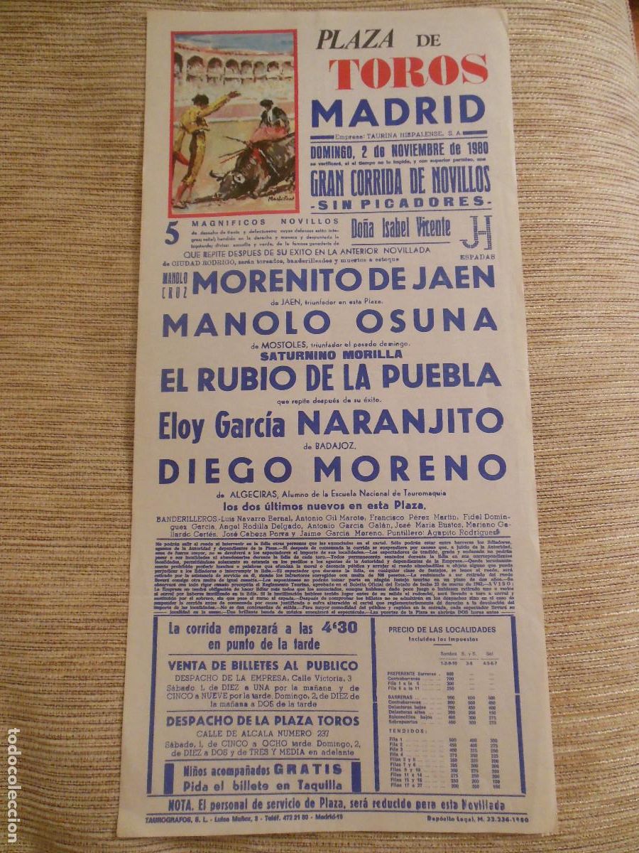 Carteles toros: 1980 CARTEL DE TOROS MADRID - MORENITO JAEN MANOLO OSUNA RUBIO DE LA PUEBLA NARANJITO DIEGO MORENO