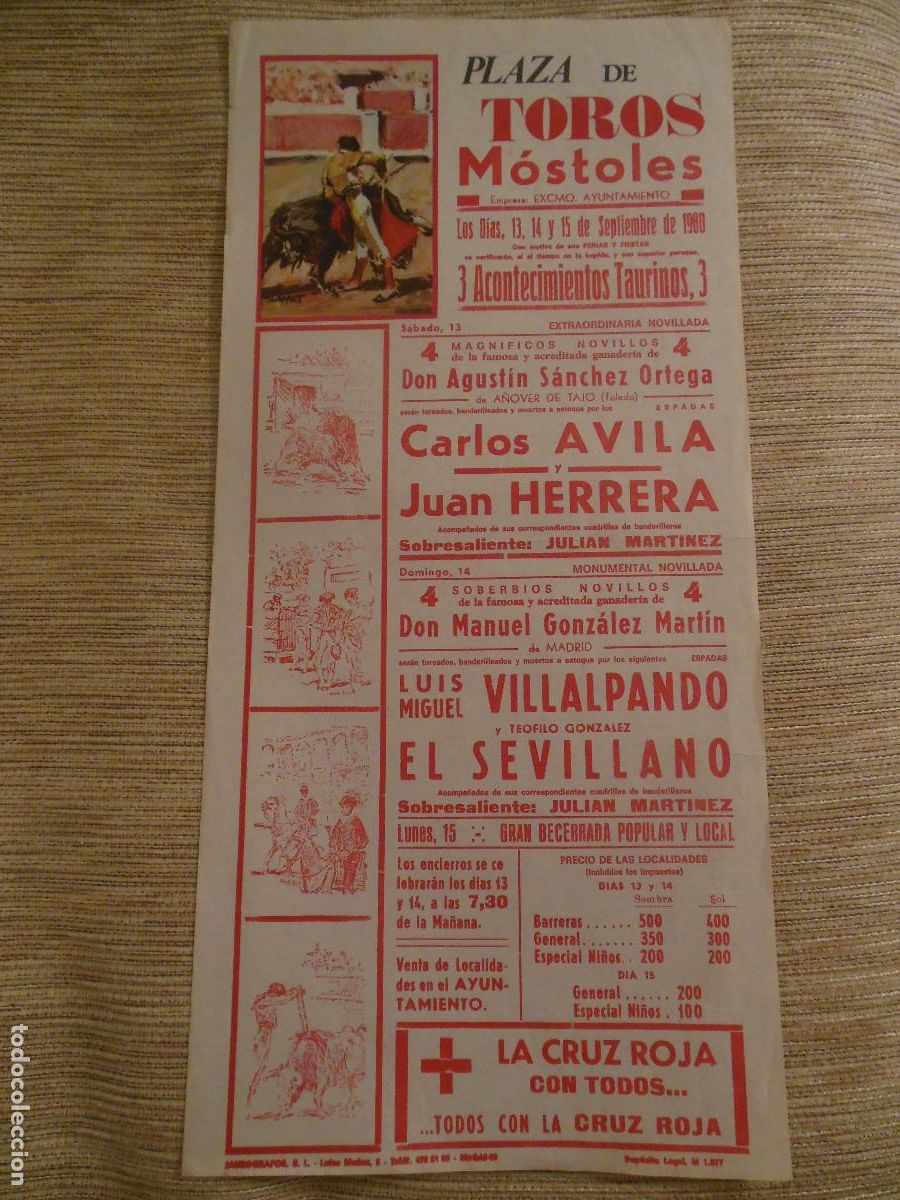 Carteles toros: 1980 CARTEL DE TOROS MOSTOLES MADRID - CARLOS AVILA JUAN HERRERA VILLALPANDO EL SEVILLANO