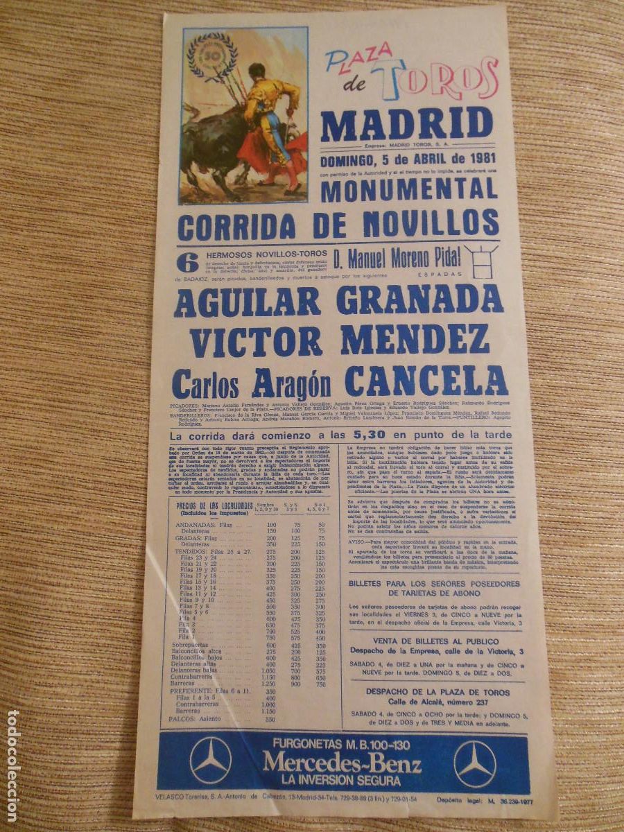 Carteles toros: 1981 CARTEL DE TOROS MADRID - AGUILAR GRANADA VICTOR MENDEZ CANCELA - DE MANUEL MORENO PIDAL