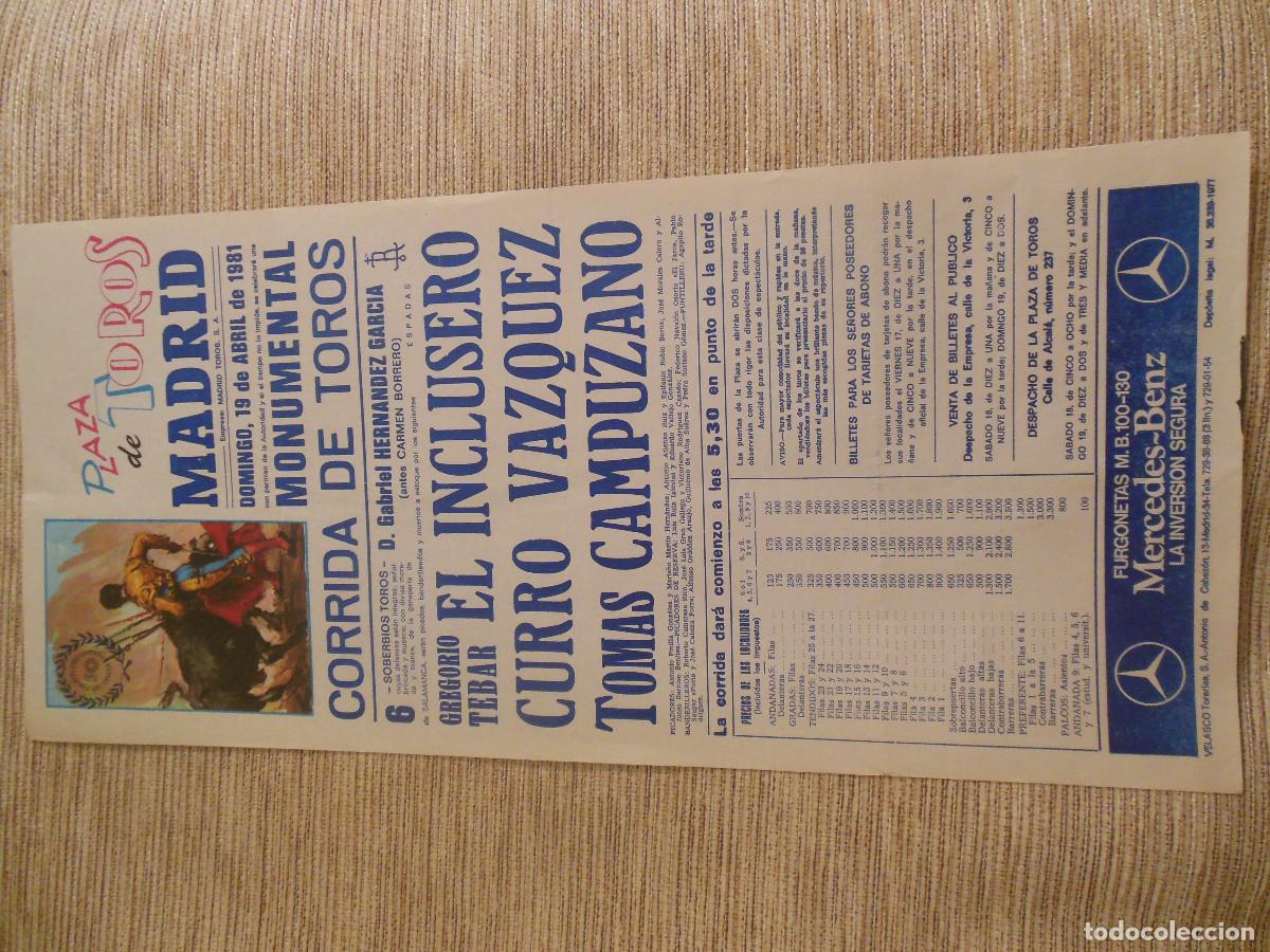 Carteles toros: 1981 CARTEL DE TOROS MADRID - INCLUSERO CURRO VAZQUEZ TOMAS CAMPUZANO - DE GABRIEL HERNANDEZ GARCIA
