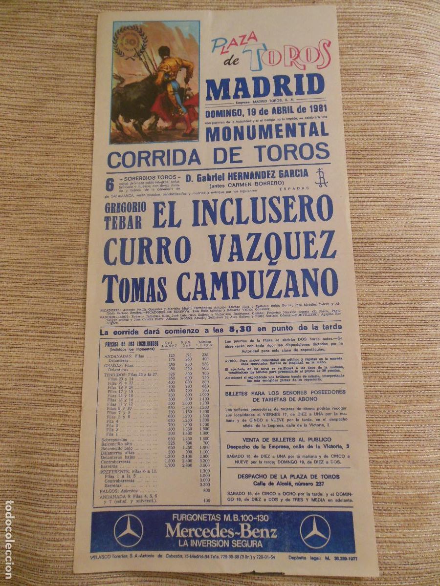 Carteles toros: 1981 CARTEL DE TOROS MADRID - INCLUSERO CURRO VAZQUEZ TOMAS CAMPUZANO - DE GABRIEL HERNANDEZ GARCIA