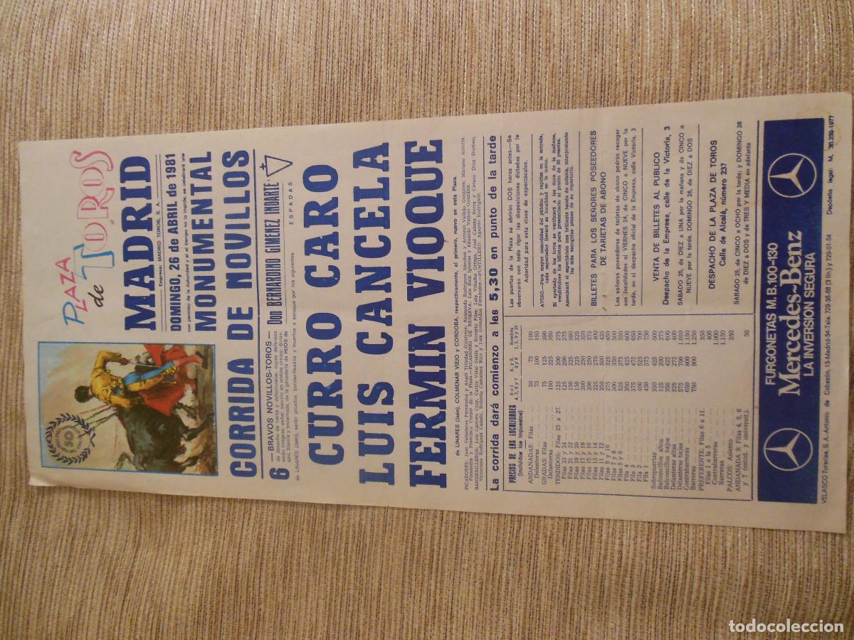 Carteles toros: 1981 CARTEL DE TOROS MADRID - CURRO CARO LUIS CANCELA FERMIN VIOQUE - DE BERNARDINO GIMENEZ