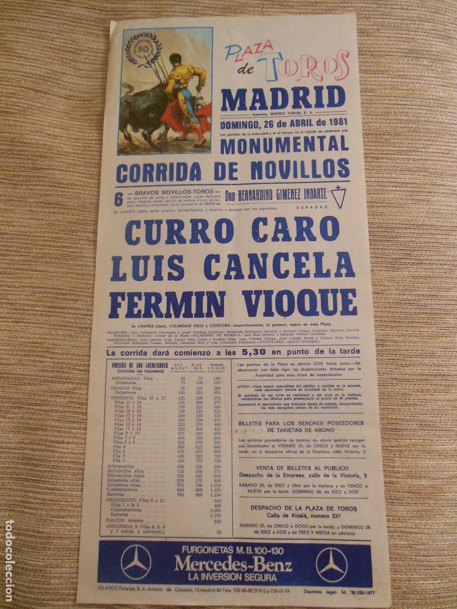 Carteles toros: 1981 CARTEL DE TOROS MADRID - CURRO CARO LUIS CANCELA FERMIN VIOQUE - DE BERNARDINO GIMENEZ