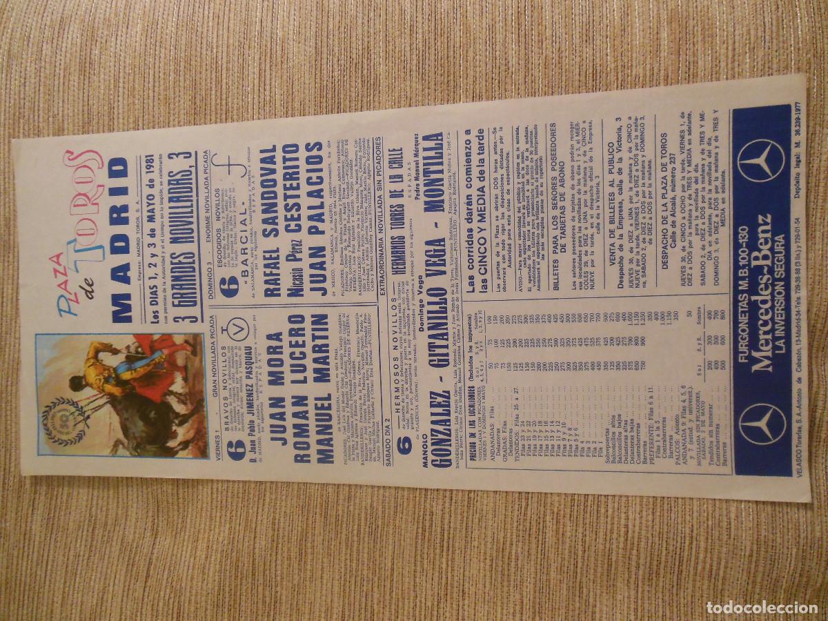 Carteles toros: 1981 CARTEL DE TOROS MADRID - JUAN MORA RAFAEL SANDOVAL GITANILLO VEGA MONTILLA LUCERO CESTERITO