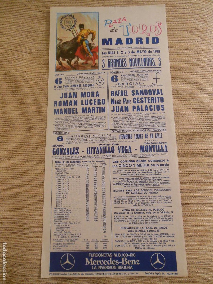 Carteles toros: 1981 CARTEL DE TOROS MADRID - JUAN MORA RAFAEL SANDOVAL GITANILLO VEGA MONTILLA LUCERO CESTERITO