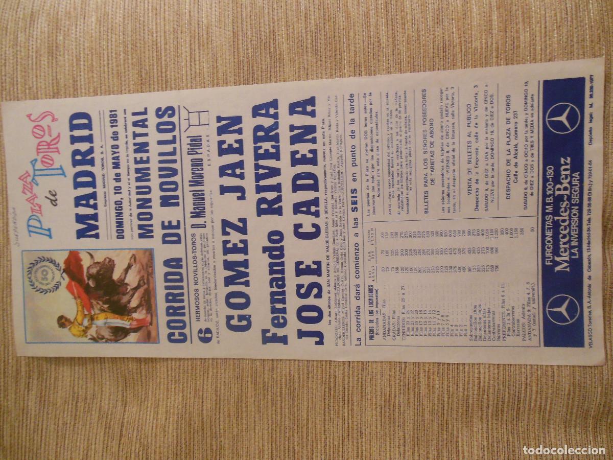 Carteles toros: 1981 CARTEL DE TOROS MADRID - GOMEZ JAEN FERNANDO RIVERA JOSE CADENA - DE MANUEL MORENO PIDAL