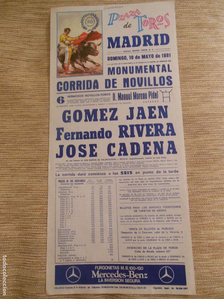 Carteles toros: 1981 CARTEL DE TOROS MADRID - GOMEZ JAEN FERNANDO RIVERA JOSE CADENA - DE MANUEL MORENO PIDAL