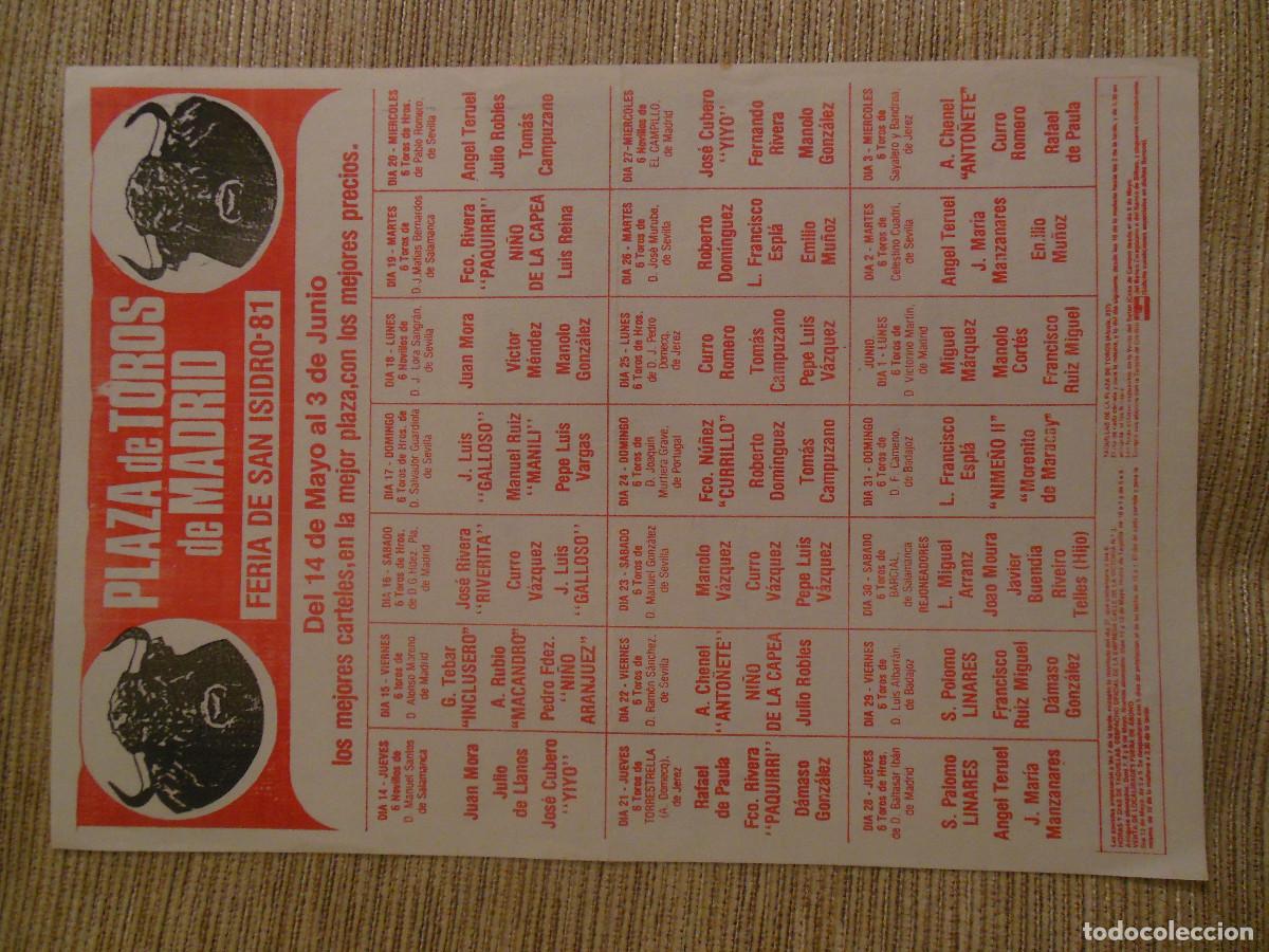 Carteles toros: 1981 CARTEL DE TOROS MADRID SAN ISIDRO - YIYO INCLUSERO RIVERITA PAQUIRRI ANTO&Ntilde;ETE CURRO ROMERO