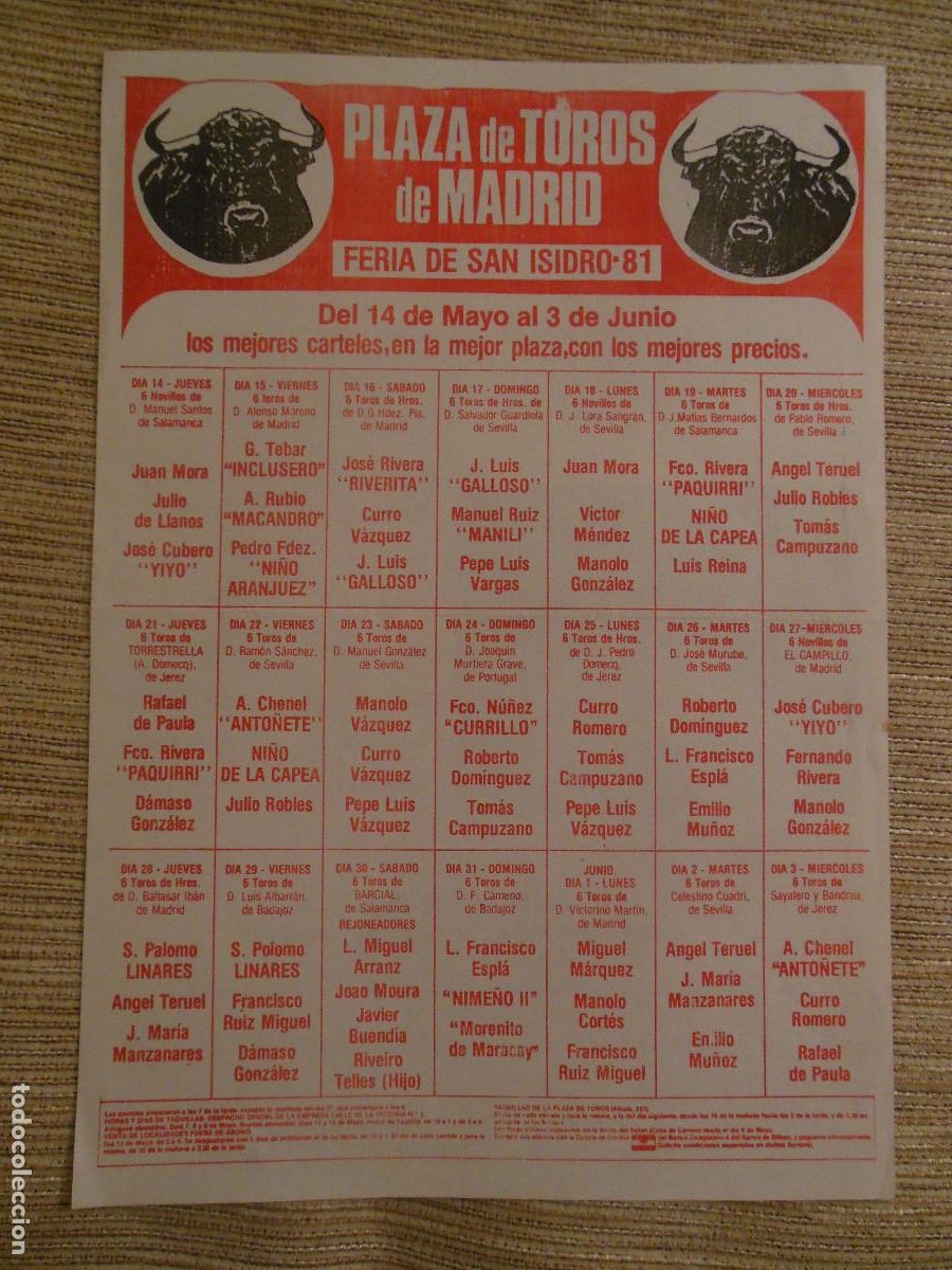 Carteles toros: 1981 CARTEL DE TOROS MADRID SAN ISIDRO - YIYO INCLUSERO RIVERITA PAQUIRRI ANTO&Ntilde;ETE CURRO ROMERO