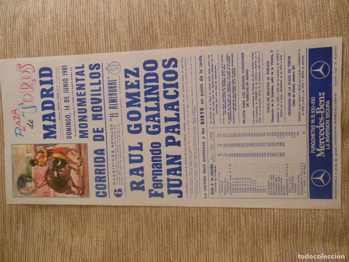Carteles toros: 1981 CARTEL DE TOROS MADRID - RAUL GOMEZ FERNANDO GALINDO JUAN PALACIOS - DE EL ALMENDRAL