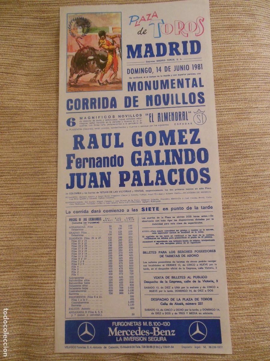Carteles toros: 1981 CARTEL DE TOROS MADRID - RAUL GOMEZ FERNANDO GALINDO JUAN PALACIOS - DE EL ALMENDRAL