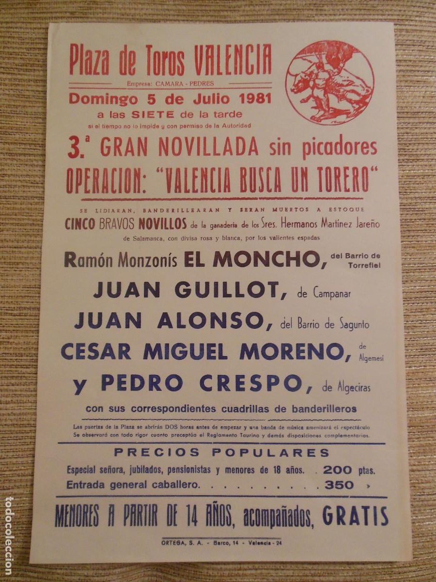 Carteles toros: 1981 CARTEL DE TOROS VALENCIA BUSCA UN TORERO - EL MONCHO GUILLOT ALONSO MIGUEL MORENO PEDRO CRESPO