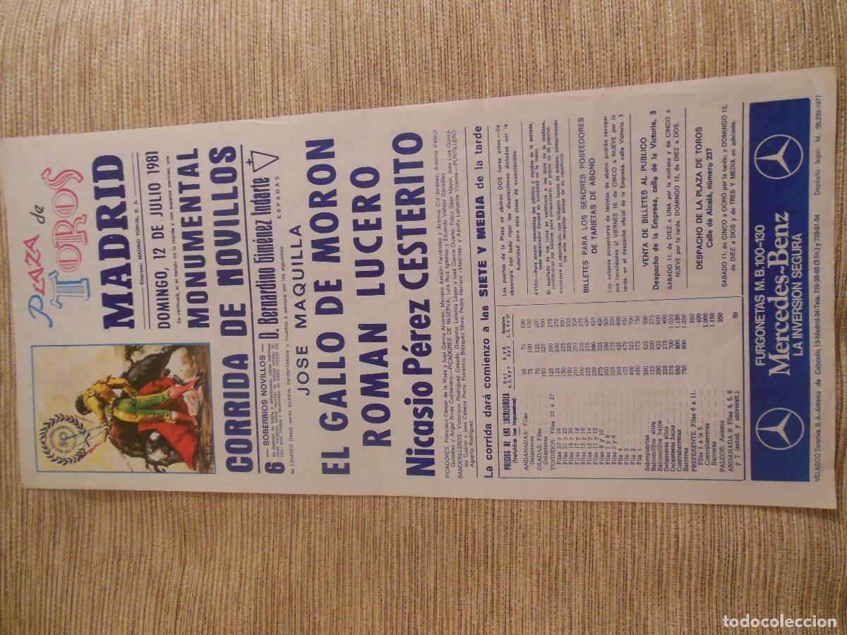 Carteles toros: 1981 CARTEL DE TOROS MADRID - EL GALLO DE MORON ROMAN LUCERO CESTERITO - DE BERANRDINO GIMENEZ