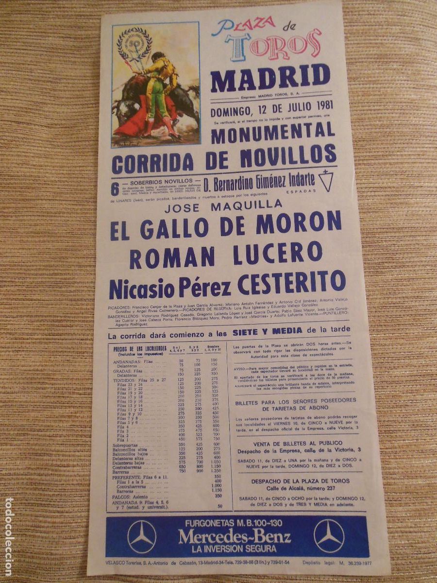 Carteles toros: 1981 CARTEL DE TOROS MADRID - EL GALLO DE MORON ROMAN LUCERO CESTERITO - DE BERANRDINO GIMENEZ