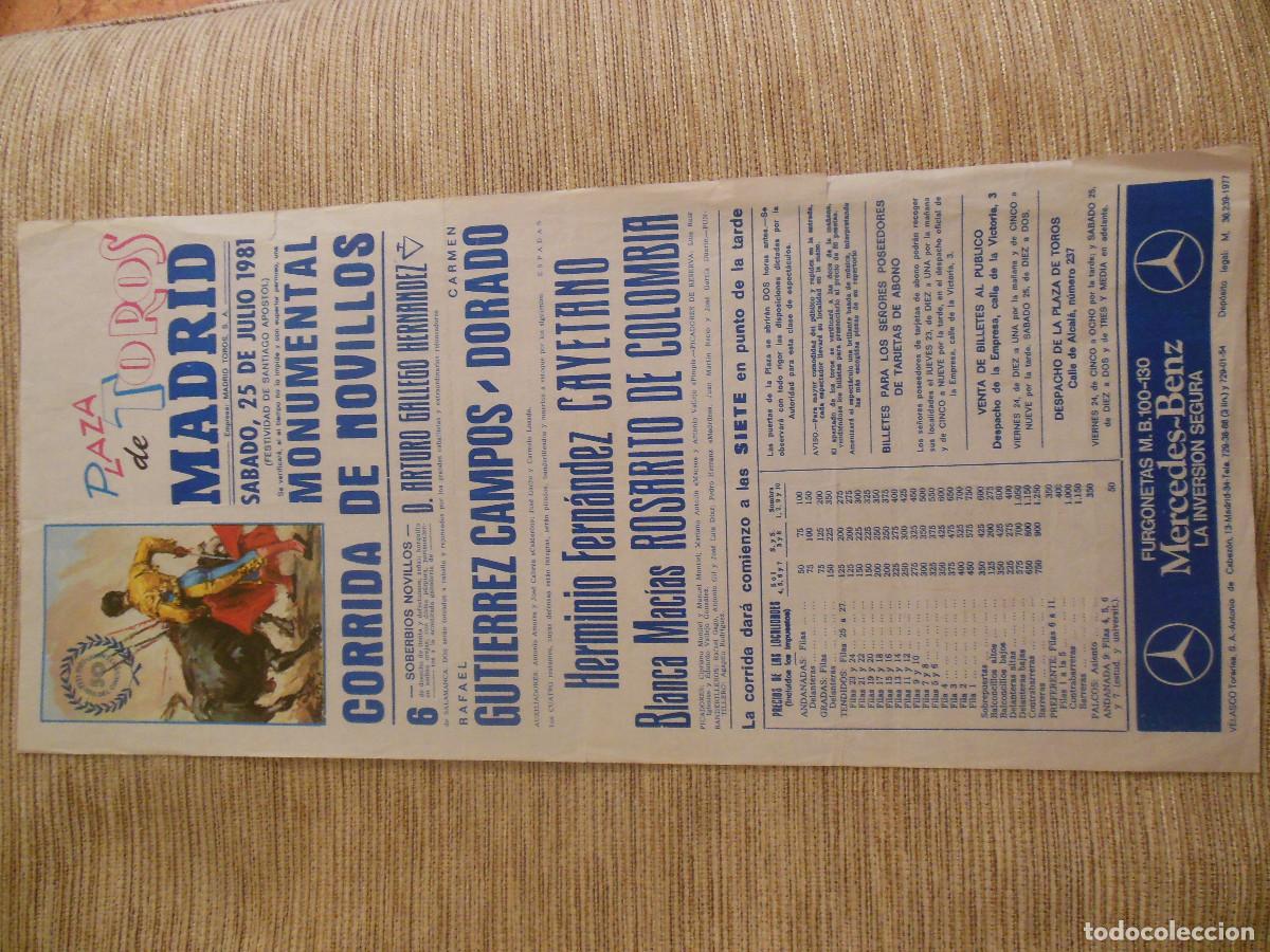 Carteles toros: 1981 CARTEL DE TOROS MADRID - GUTIERREZ CAMPOS DORADO CAYETANO ROSARITO DE COLOMBIA - DE A. GALLEGO