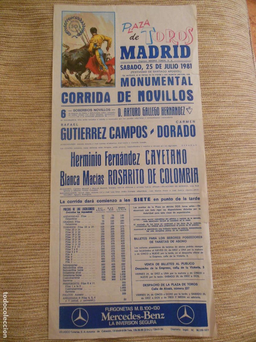 Carteles toros: 1981 CARTEL DE TOROS MADRID - GUTIERREZ CAMPOS DORADO CAYETANO ROSARITO DE COLOMBIA - DE A. GALLEGO