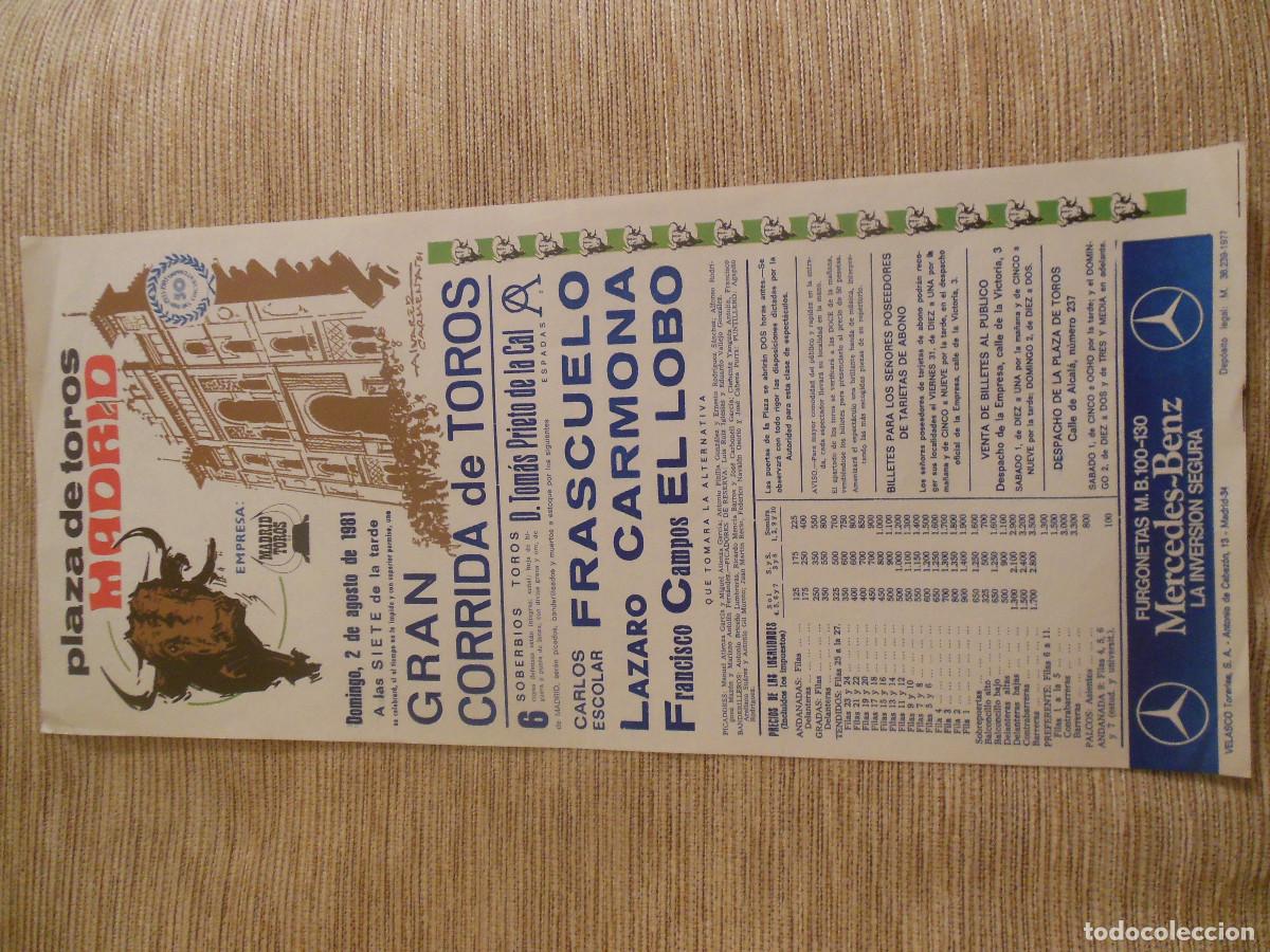 Carteles toros: 1981 CARTEL DE TOROS MADRID - FRASCUELO LAZARO CARMONA EL LOBO - DE TOMAS PRIETO DE LA CAL