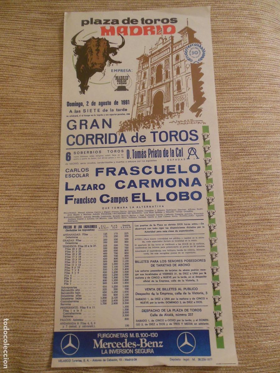 Carteles toros: 1981 CARTEL DE TOROS MADRID - FRASCUELO LAZARO CARMONA EL LOBO - DE TOMAS PRIETO DE LA CAL